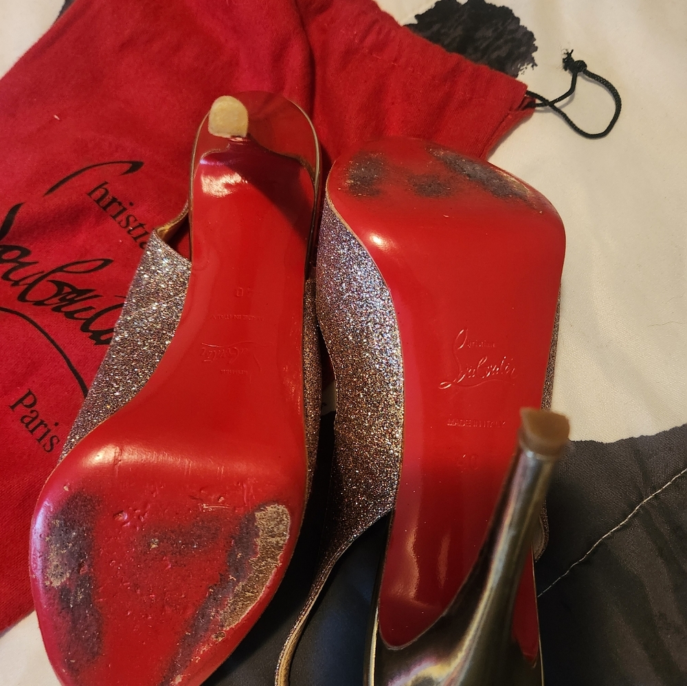 Christian Louboutin Lady Peep Slingback Peep Toe Glitter Heel sz 40 - Picture 14 of 16